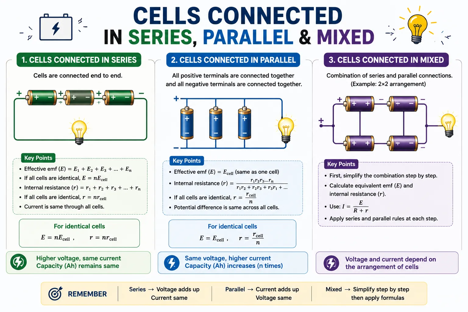  Cells Connected in Series, Parallel & Mixed Grouping — Class 12 Physics